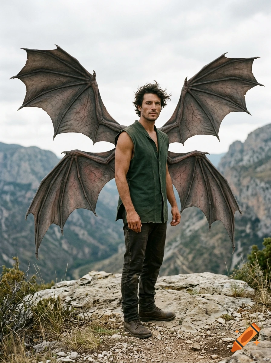 Photorealistic portrait of a tanned man with dark hair and two sets of large, leathery dragon wings standing on a rocky cliff.
