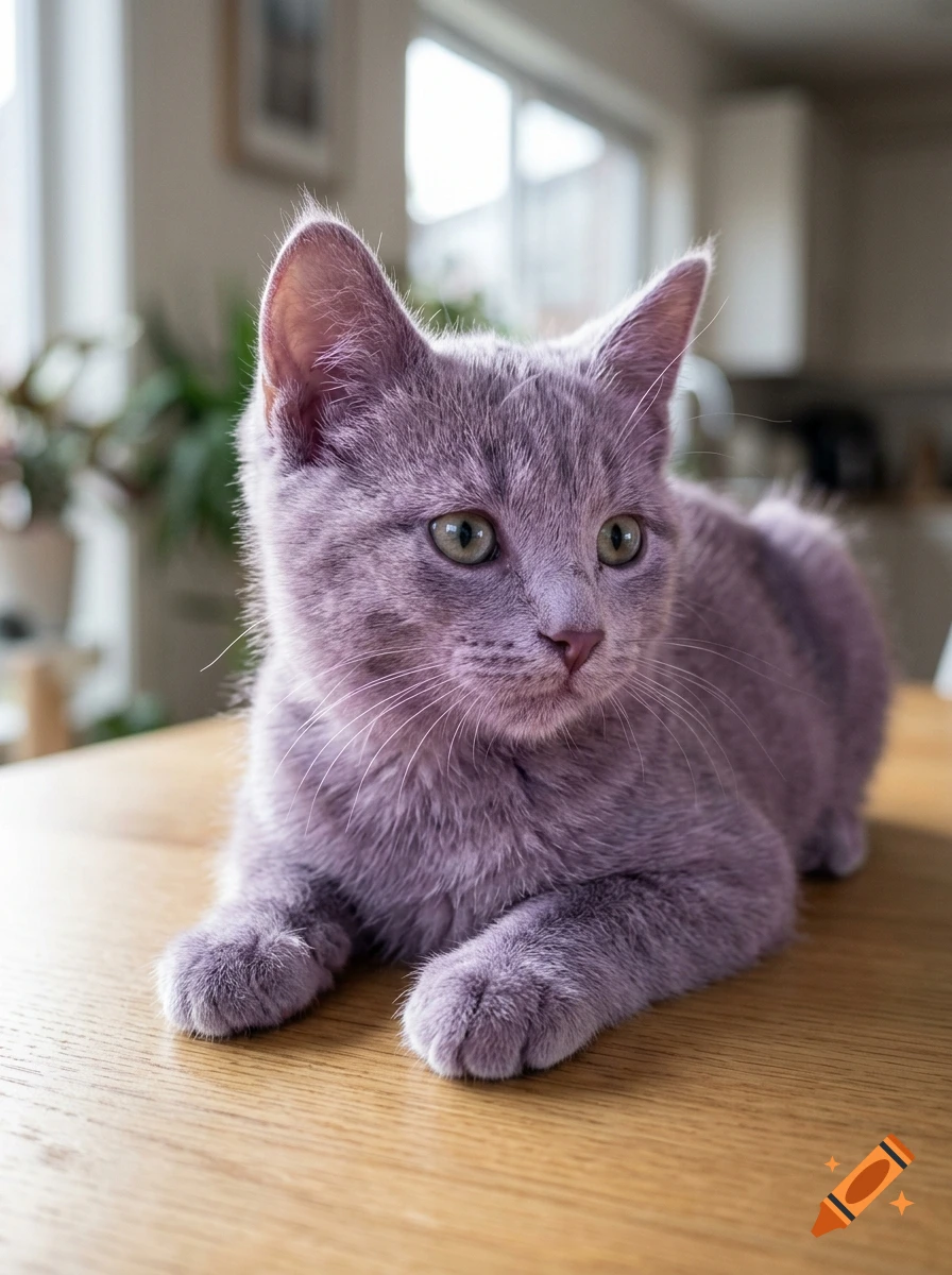 A light purple kitten lying on a wooden table indoors.