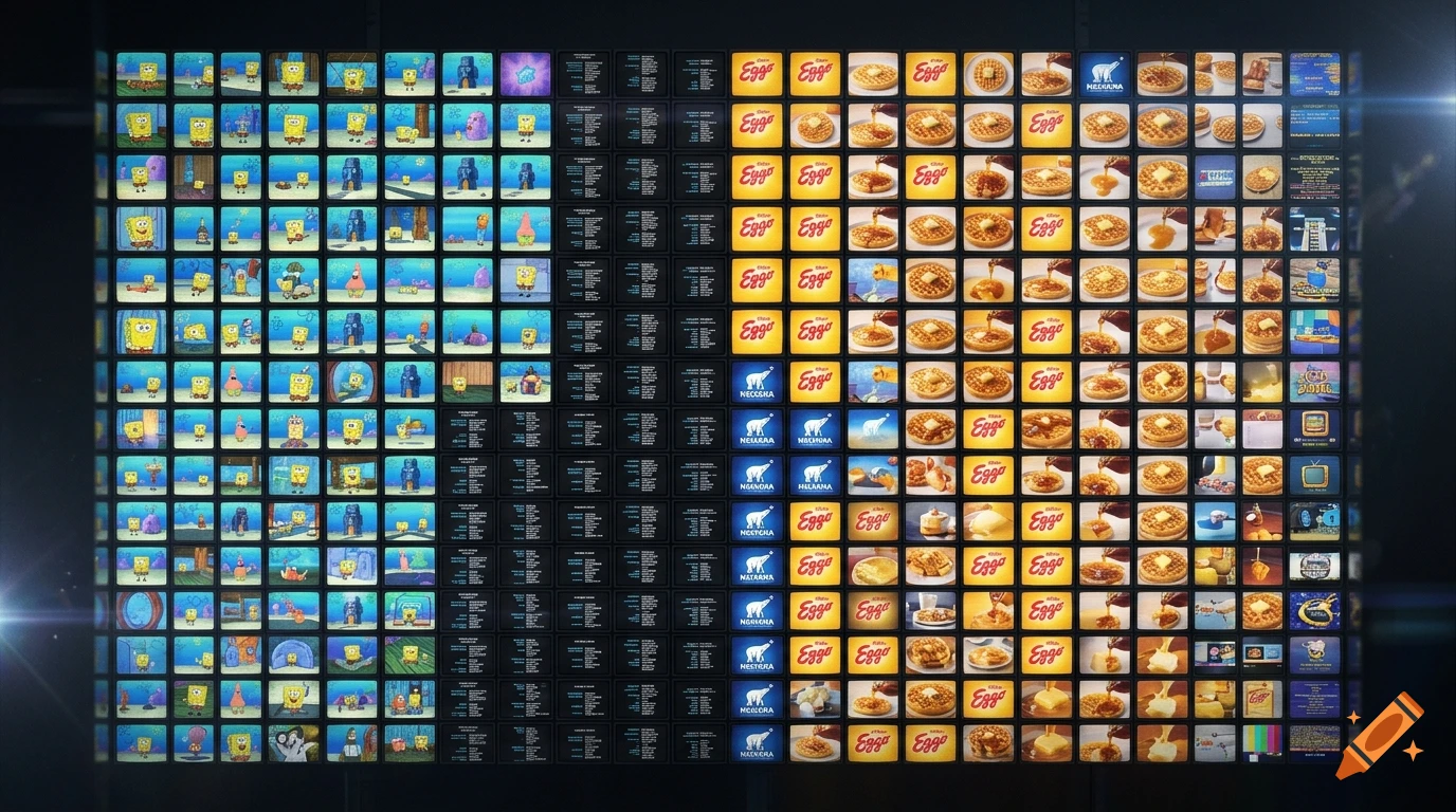 A massive grid of numerous small video screens displaying SpongeBob SquarePants episodes, end credits, and Eggo waffle commercials.