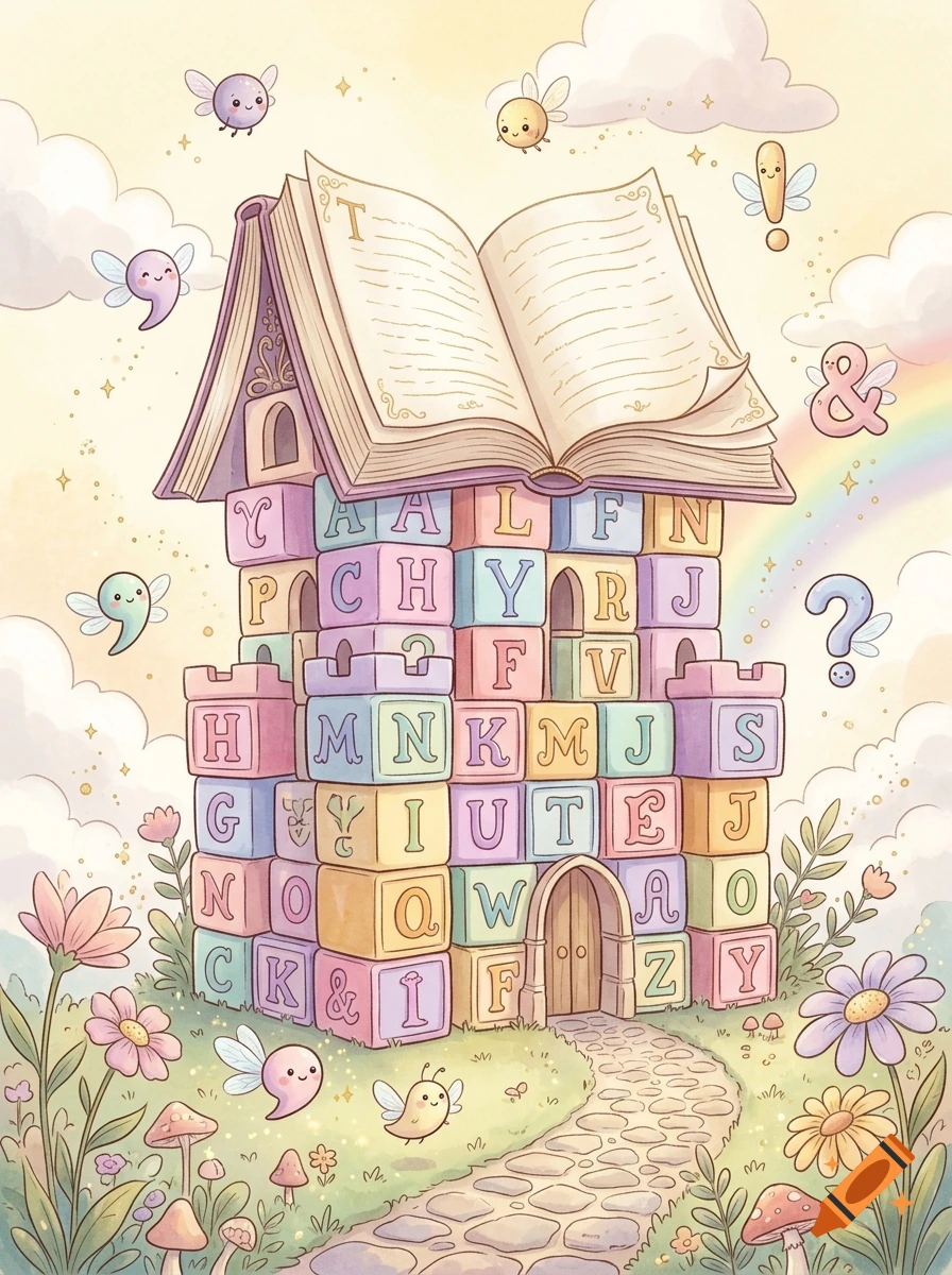 A pastel illustration of a magical castle made of alphabet blocks with an open book as a roof, surrounded by cute punctuation mark fairies in a meadow.