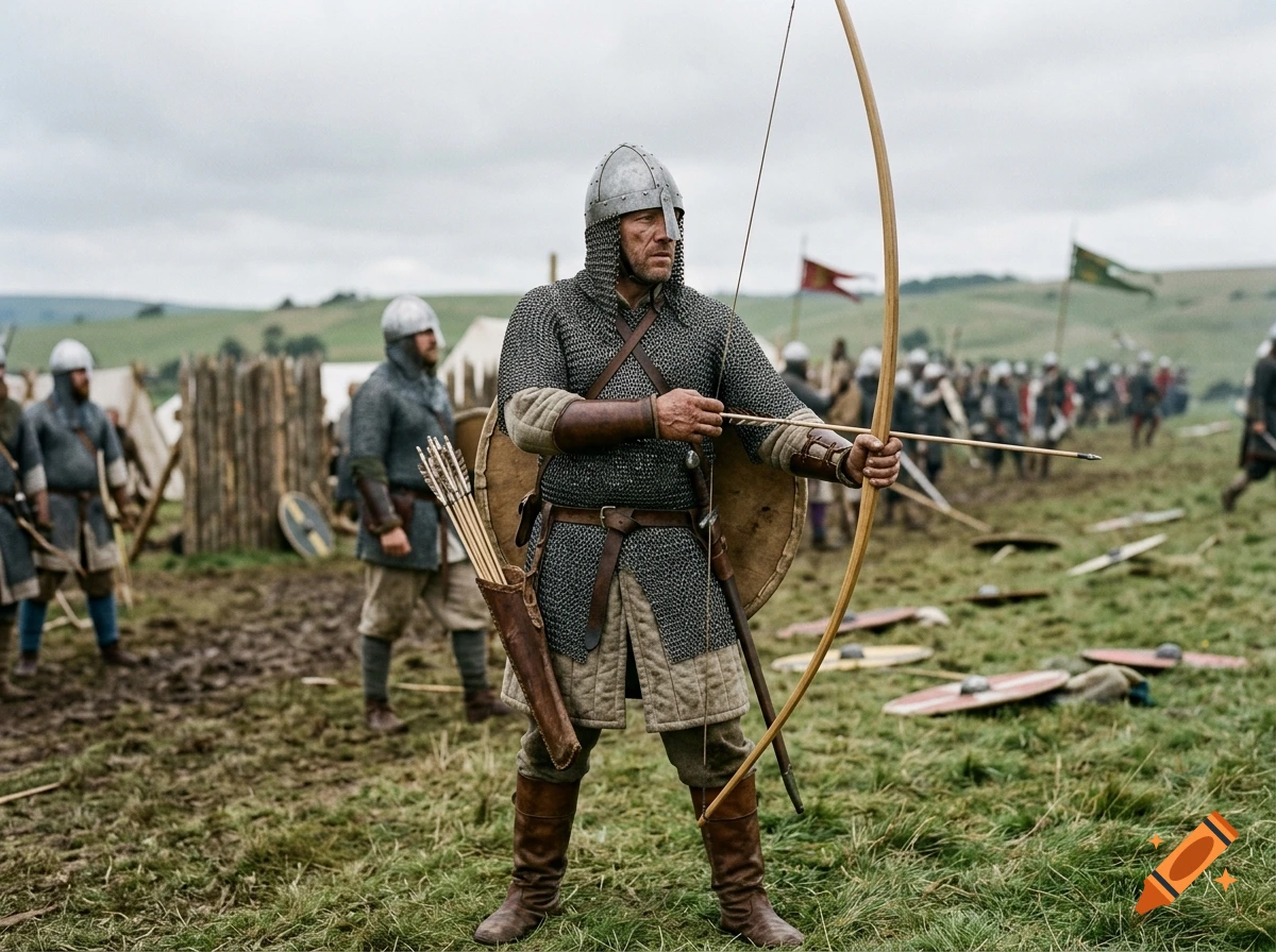 Photorealistic image of a Norman warrior in chainmail and helmet holding a bow and arrows on a medieval battlefield.