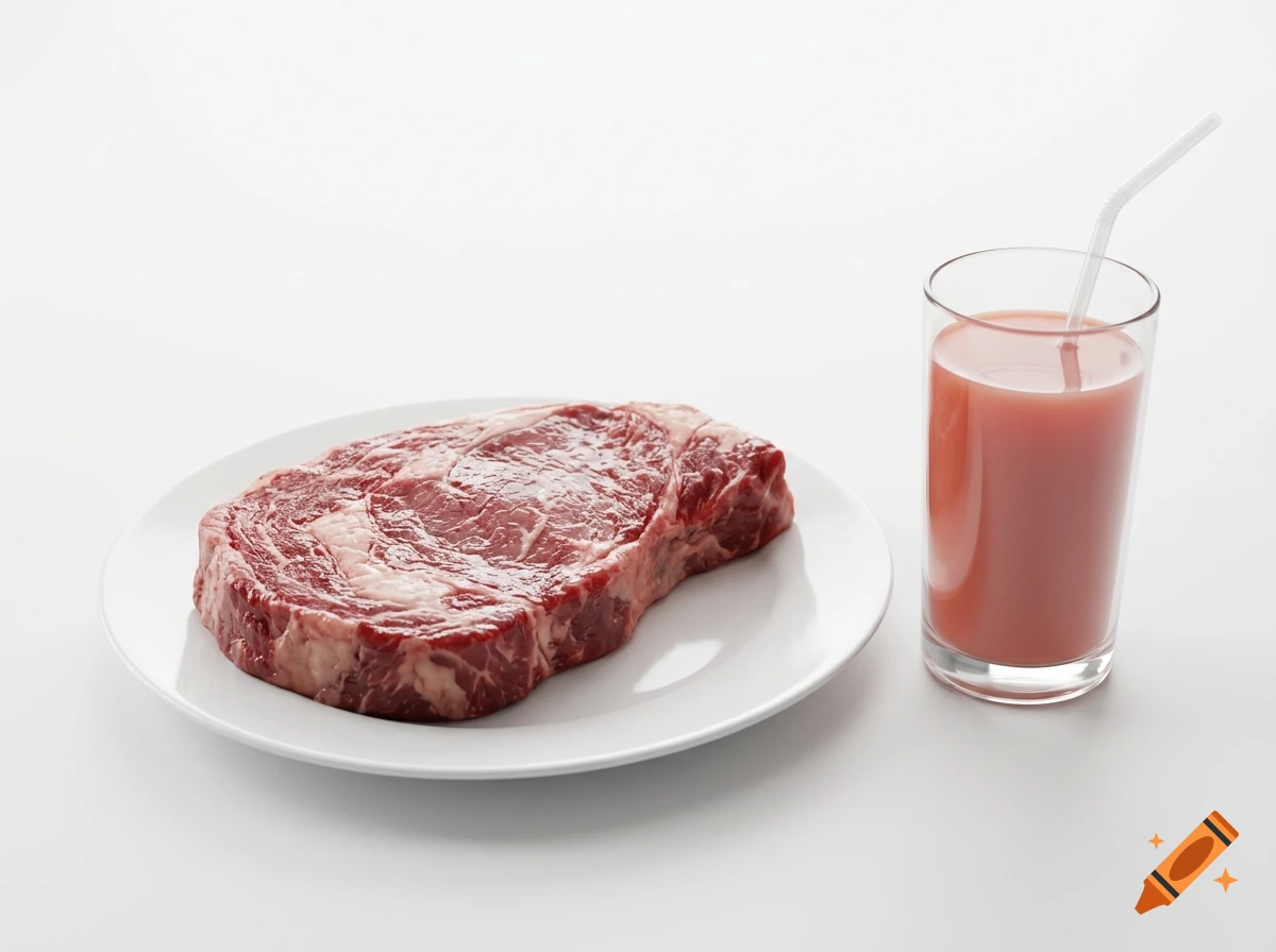 A photorealistic image of a raw ribeye steak on a white plate next to a glass of pink tomato juice with a straw on a white surface.