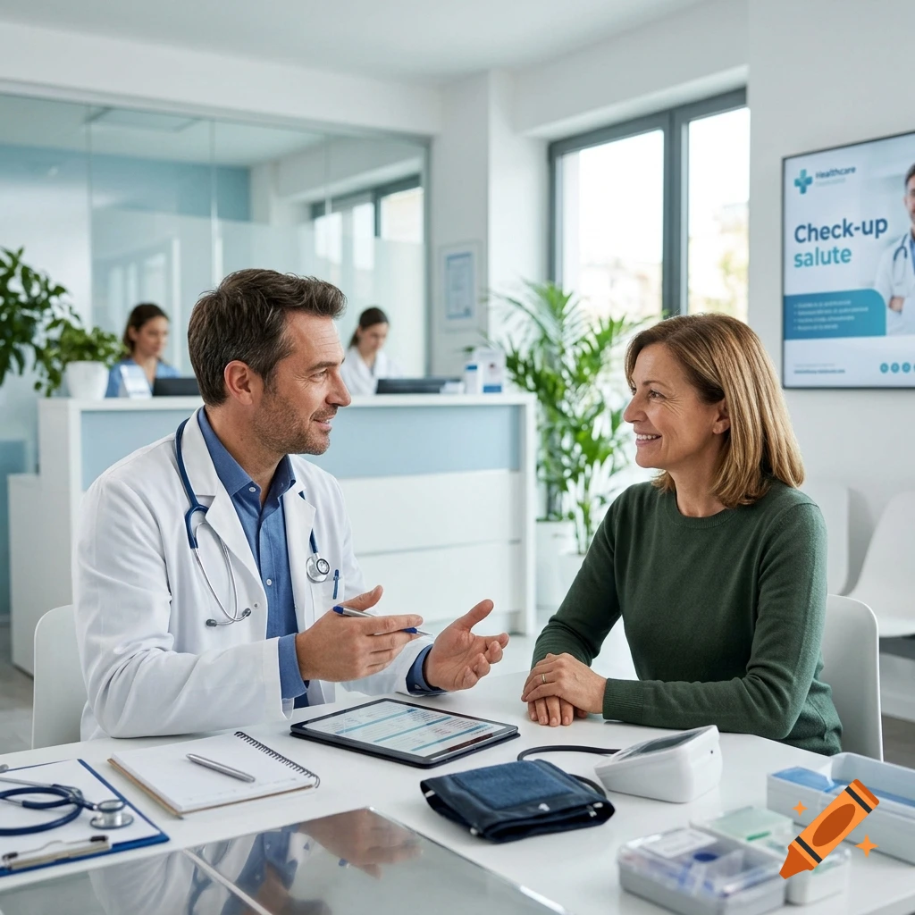 Photorealistic medical consultation scene with a doctor and a female patient in a bright modern office.
