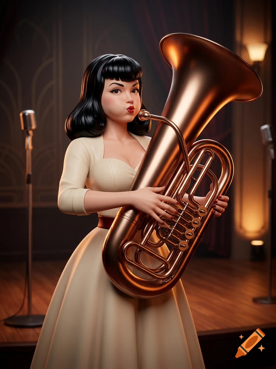 A stylized 3D digital illustration of a woman with dark hair wearing a light-colored dress, holding and playing a large brass tuba on a stage.