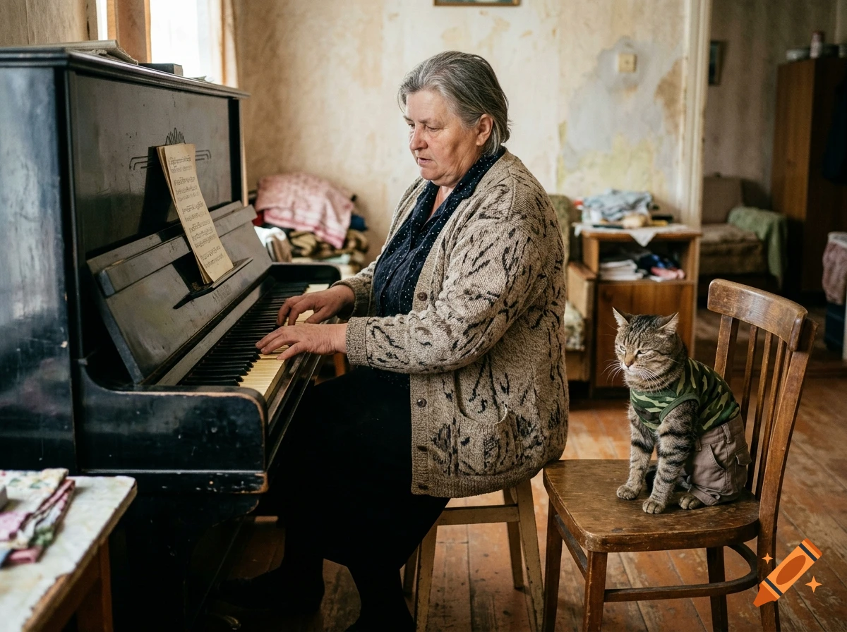 An elderly woman playing an upright piano in a room while a tabby cat wearing camo pants sits on a chair, photorealistic.