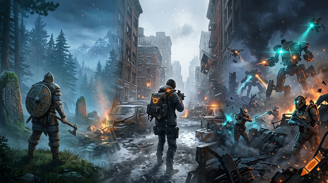 Digital art collage combining a Viking warrior in a forest, a survivor in a ruined city, and futuristic soldiers fighting mechs.