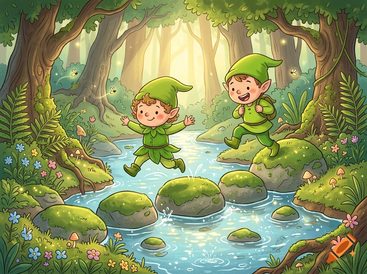 Two happy elf children playing and hopping across mossy stepping stones over a winding river in a lush, sunlit enchanted forest.