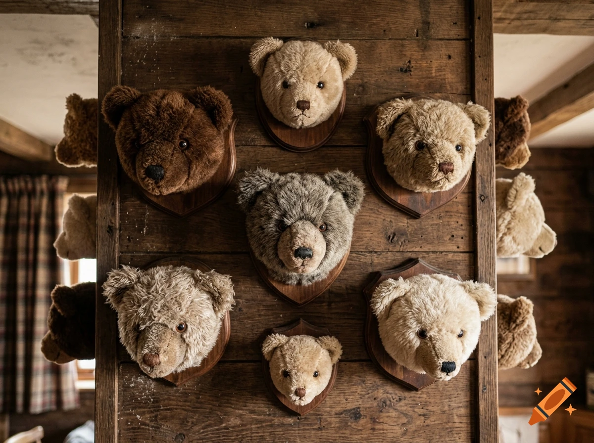 Several stuffed teddy bear heads mounted on wooden plaques like hunting trophies on a wooden wall.