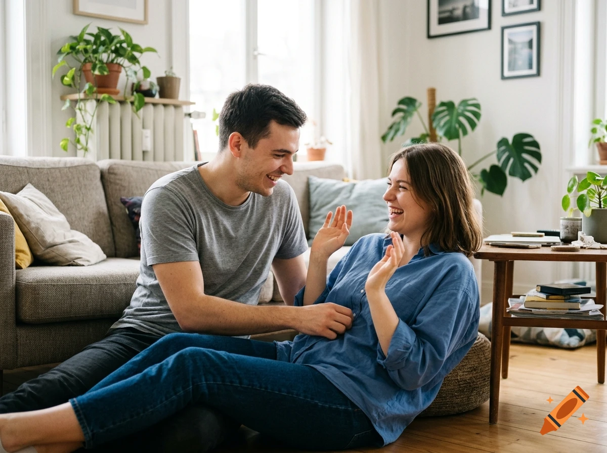 A young couple laughing and playing together while sitting on the floor in a living room.