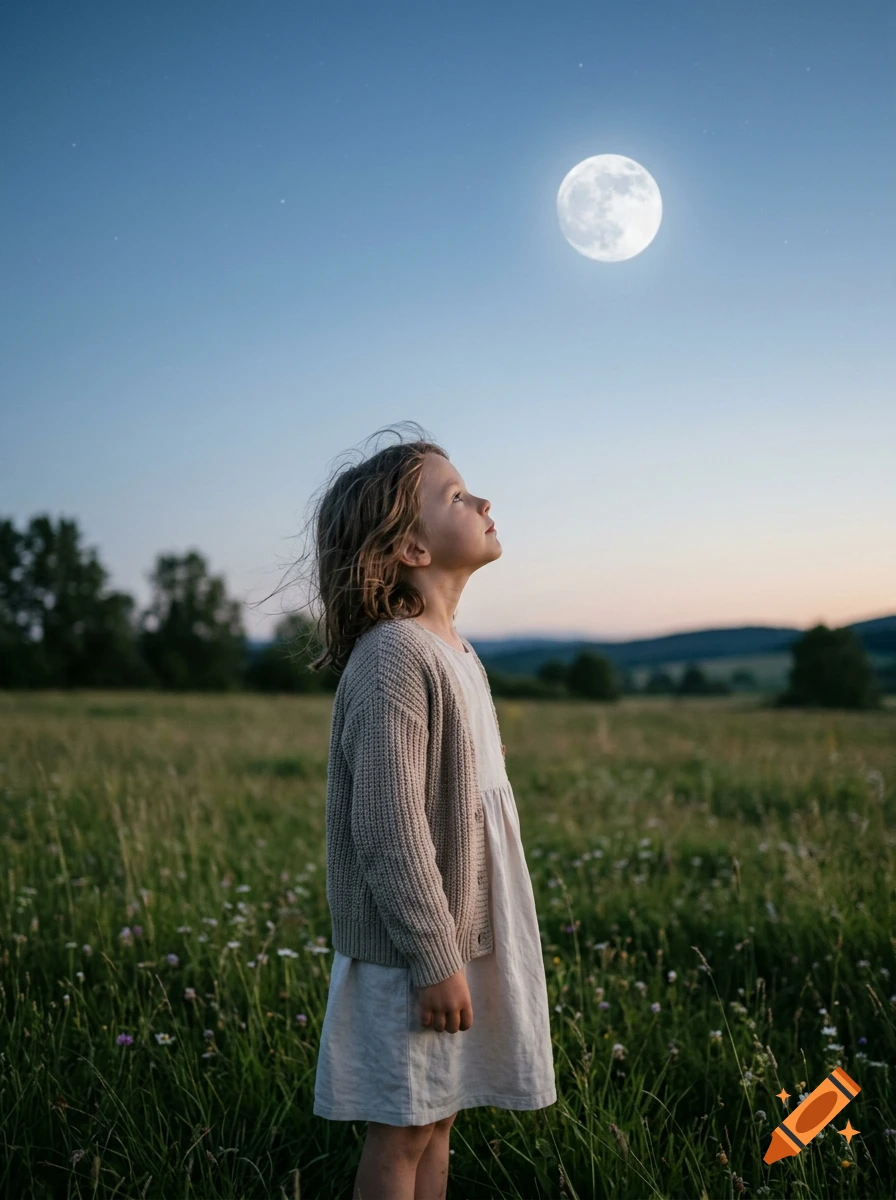 Photorealistic image of a young girl in a dress and cardigan standing in a grassy field at dusk, looking up at a bright full moon.