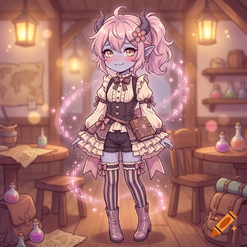 Cute anime style blue-skinned fantasy character with pink hair and horns, standing in a cozy tavern.