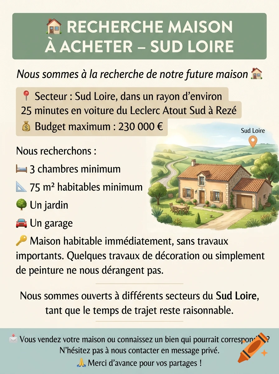 An informational real estate search flyer in French detailing requirements for a house purchase in the Sud Loire area.