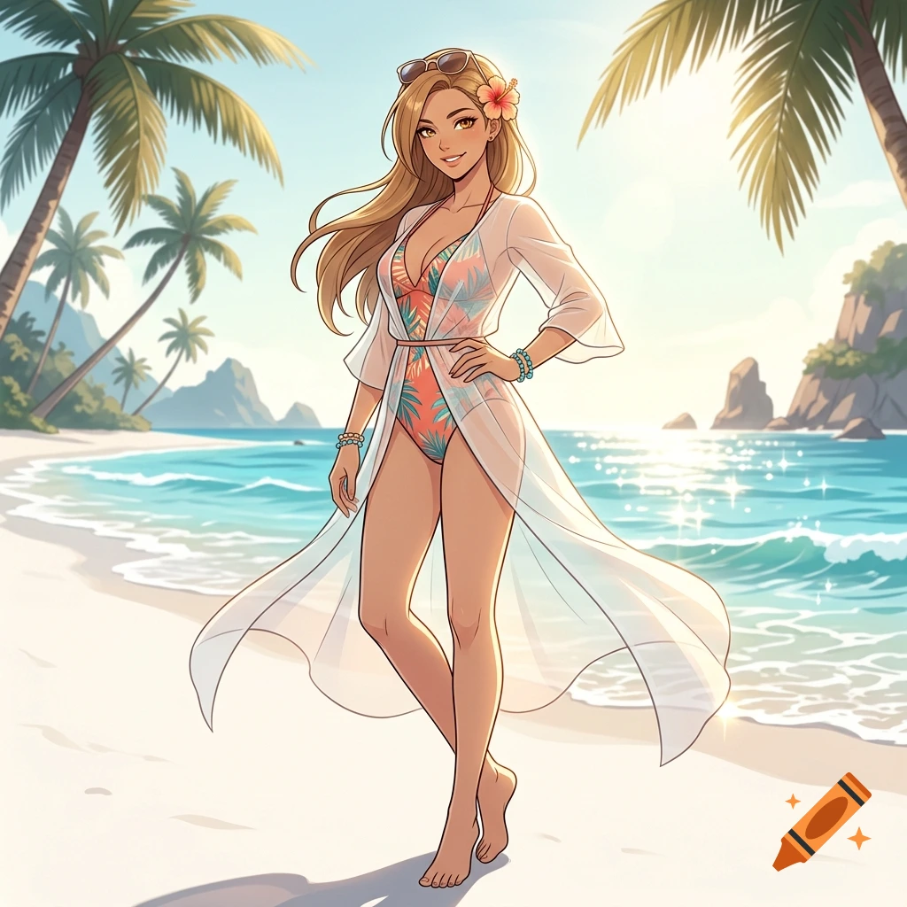 Anime style illustration of a smiling woman with blonde hair in a tropical beach setting, wearing a swimsuit and sheer cover-up.