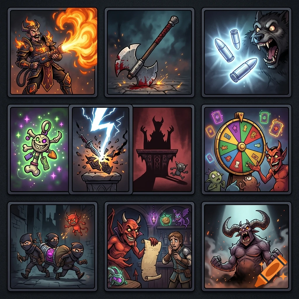 Grid of nine comic-style card illustrations featuring devils, weapons, and magic items on a dark background.
