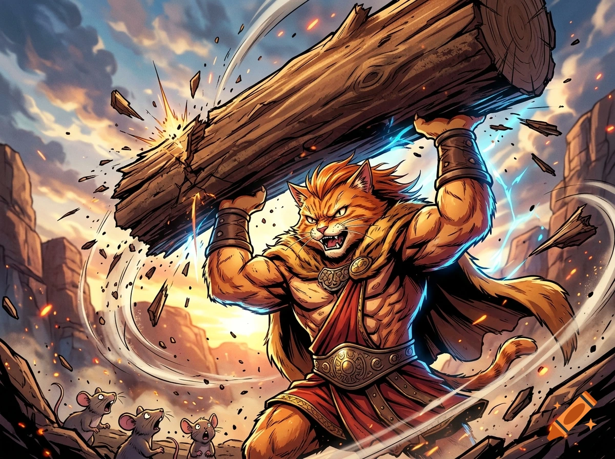 Dynamic anime illustration of a muscular ginger cat superhero lifting a large wooden log, with tiny shocked mice in the background.