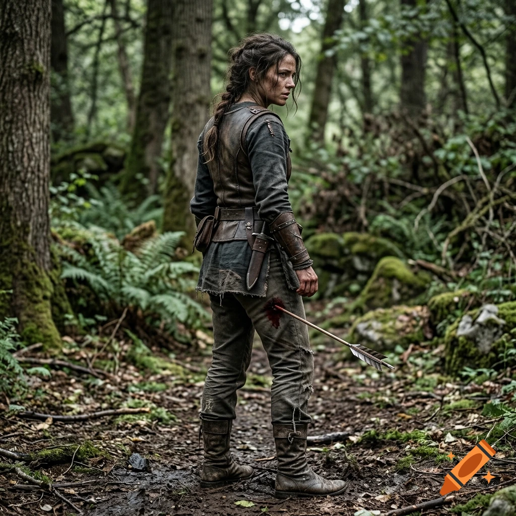 Photorealistic image of a female warrior standing in a lush forest with an arrow piercing her leg.