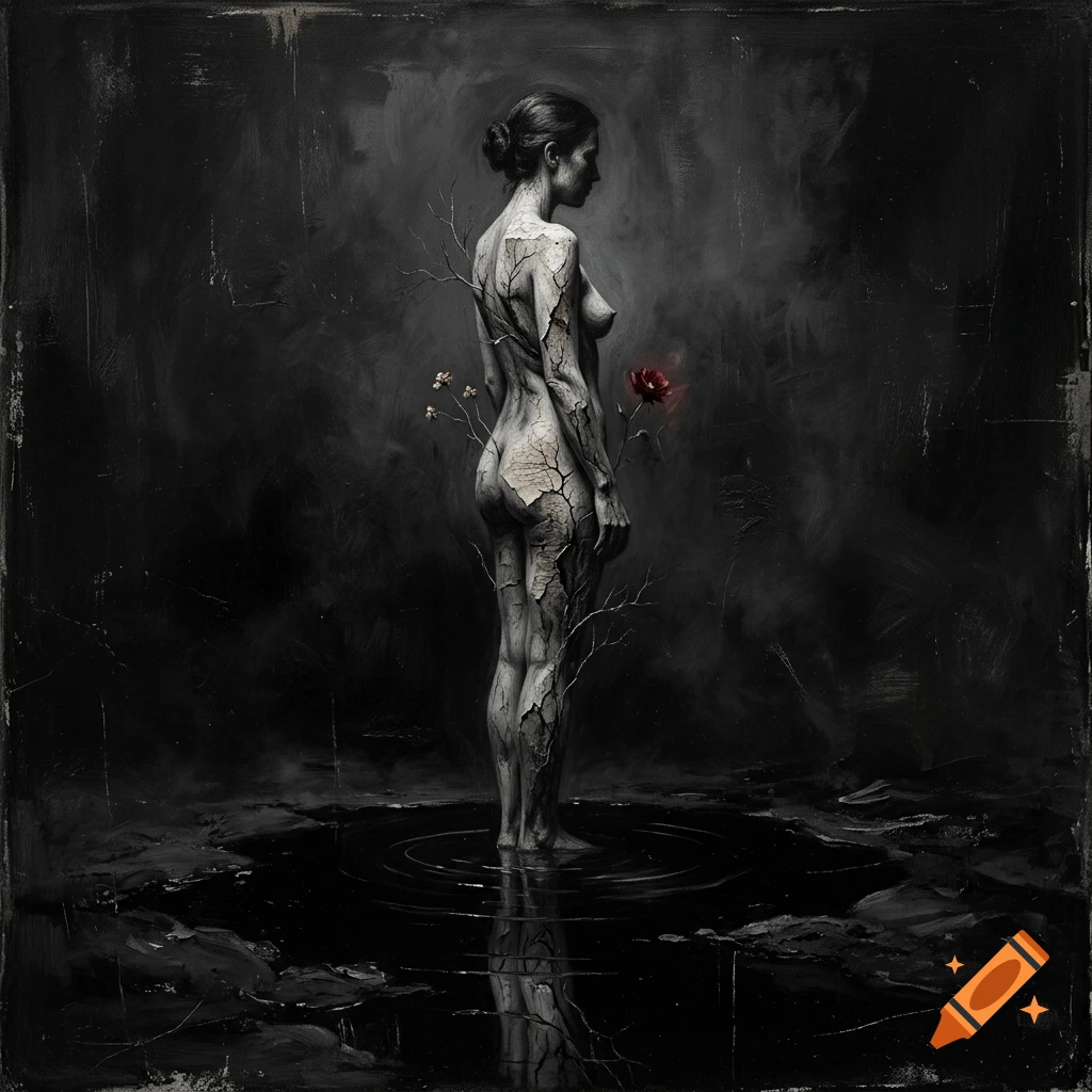 A surreal digital painting of a cracked, statue-like nude woman standing in dark water, holding a single vibrant red rose, with tree branches sprouting from her back.