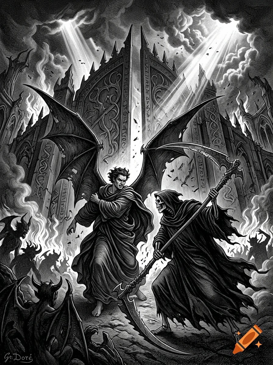 Engraving style illustration of a battle between Lucifer with bat wings and the Grim Reaper at the gates of hell.
