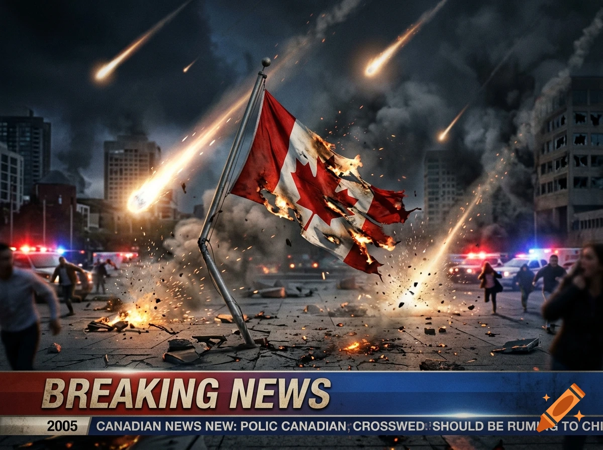 Photorealistic news broadcast showing a Canadian flag on fire amid a meteor shower hitting a city street.
