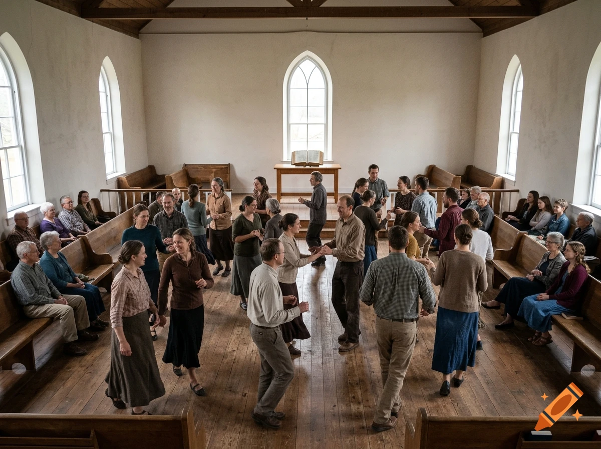 A large group of adults in modest period clothing dance in pairs on the wooden floor of a simple church.
