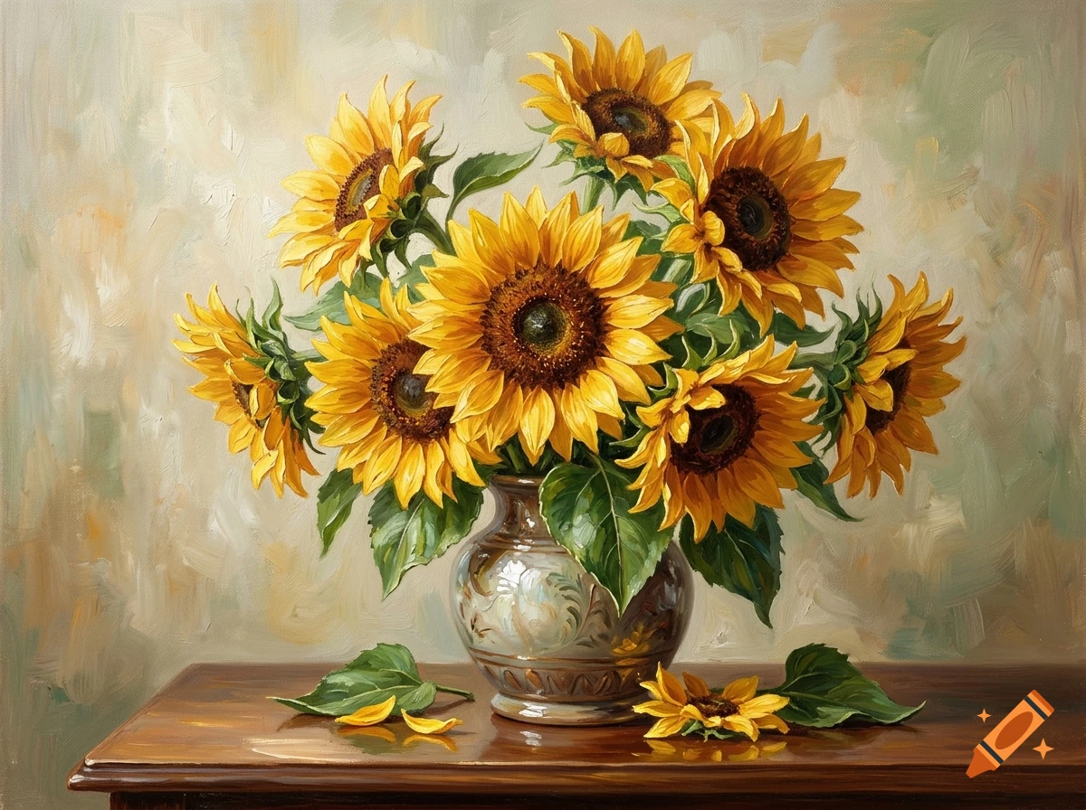 Impasto oil painting of sunflowers in a ceramic vase on a wooden table.