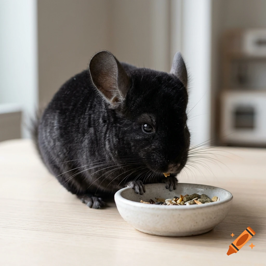 A photorealistic black chinchilla eating seeds from a small ceramic bowl on a wooden table.