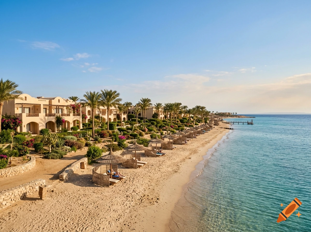 Photorealistic view of a luxury resort beach with sandy shore, palm trees, and traditional buildings along the blue sea.