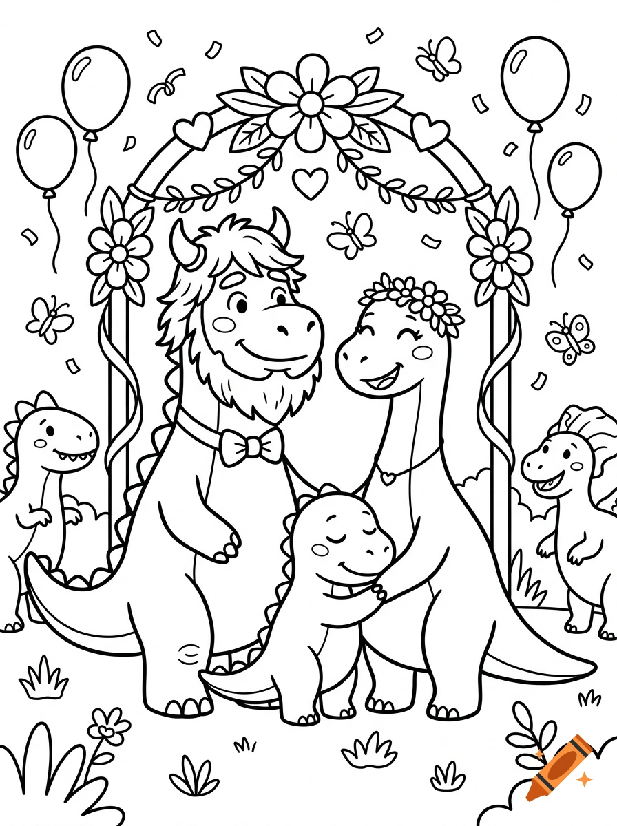 Black and white coloring page of a dinosaur family wedding with a viking father, mother, and sleepy baby dinosaur under a floral arch.