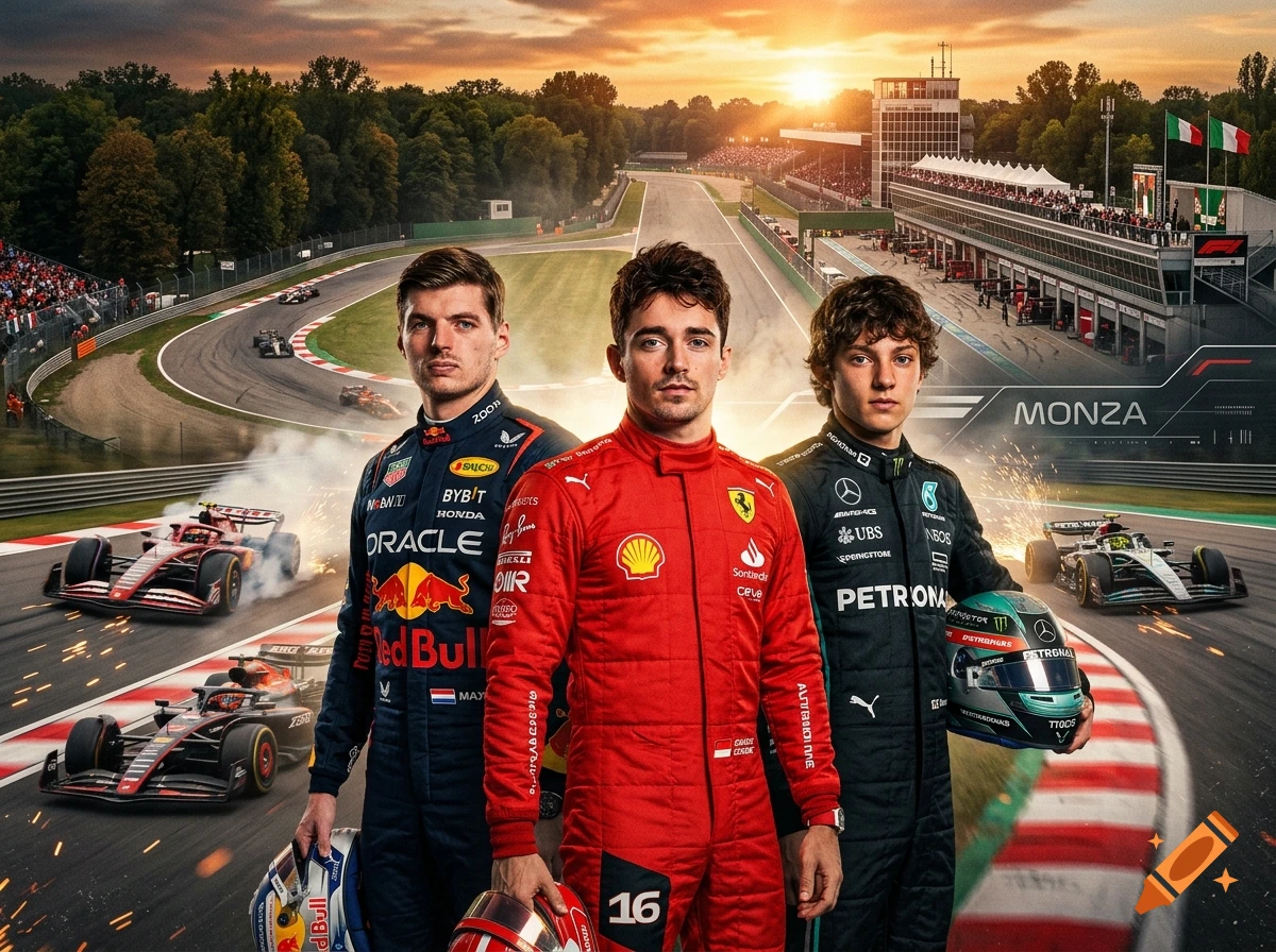 Collage of Formula 1 drivers Max Verstappen, Charles Leclerc, and Kimi Antonelli at Monza circuit.