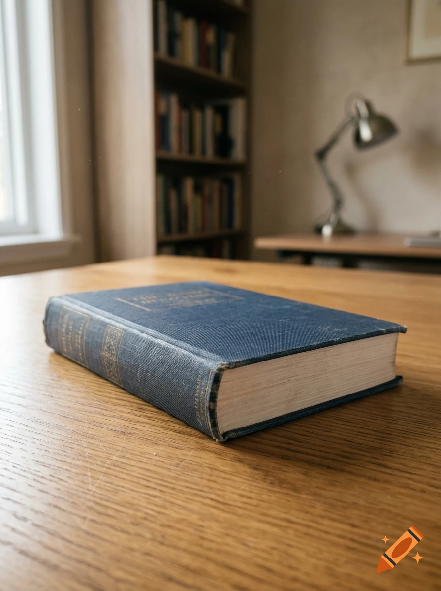 A blue hardcover book lies on a wooden table in a room with a bookshelf and desk lamp in the background.