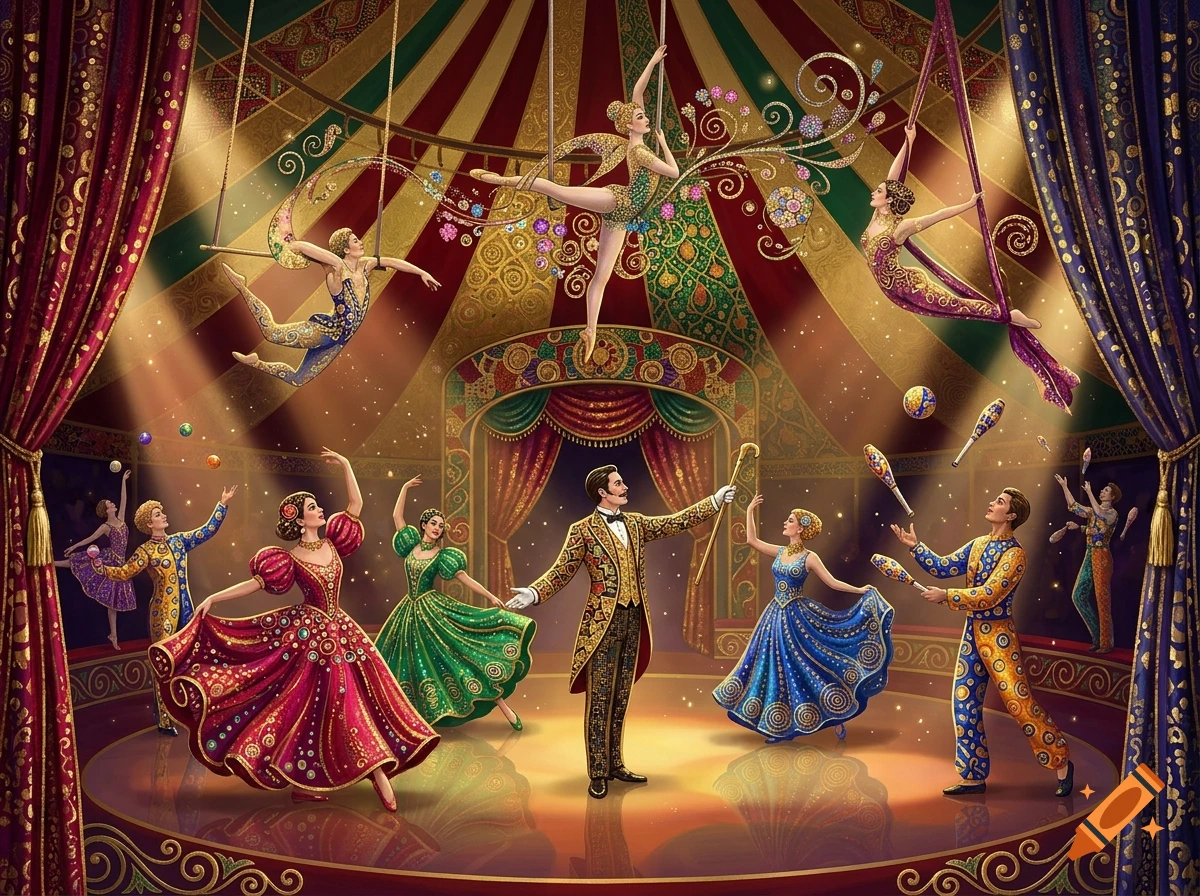 Circus big top performance featuring acrobats, dancers, and a ringmaster in Gustav Klimt's decorative art style.