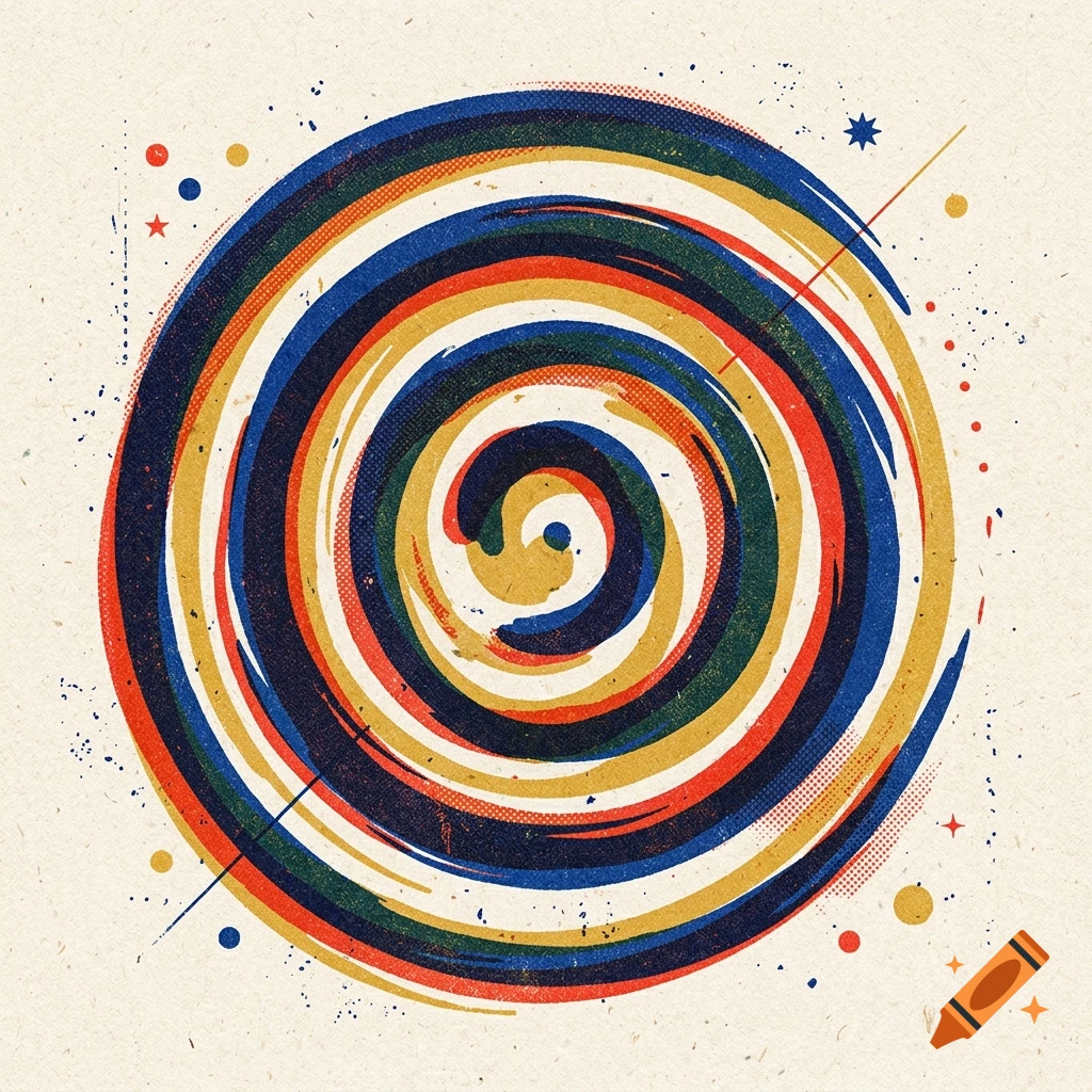 Risograph print of a colorful spiral pattern with concentric circles in blue, red, yellow, and green, featuring halftone dots and star accents.