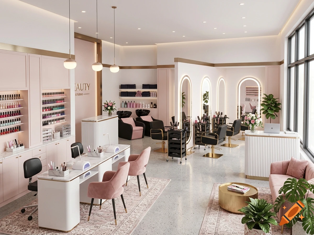 Photorealistic interior view of a modern, spacious beauty salon and nail studio with pink and white decor.
