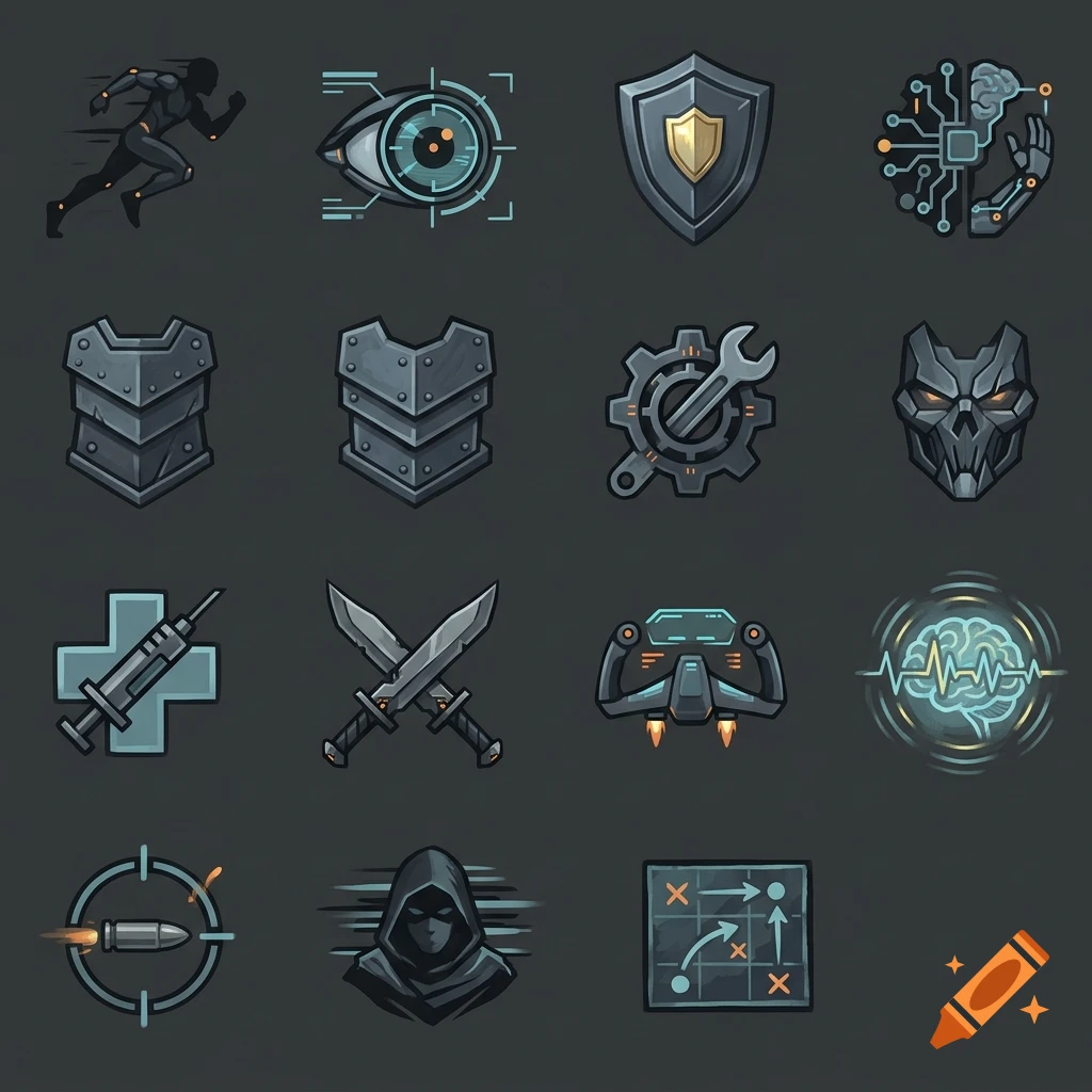 A grid of 14 dark sci-fi RPG attribute icons with muted cyan and orange accents in 2D hand-painted style.