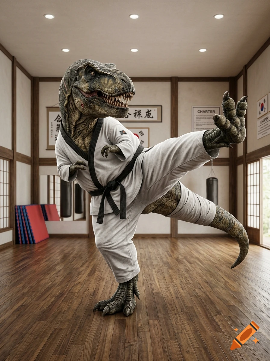 Photorealistic image of a Tyrannosaurus rex in a white taekwondo uniform performing a high kick inside a traditional dojo.