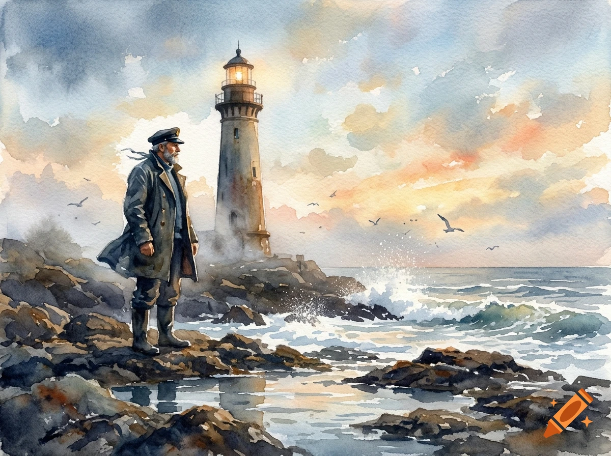 Watercolor impressionist painting of a sailor standing on a rocky coast next to a lighthouse during sunset.