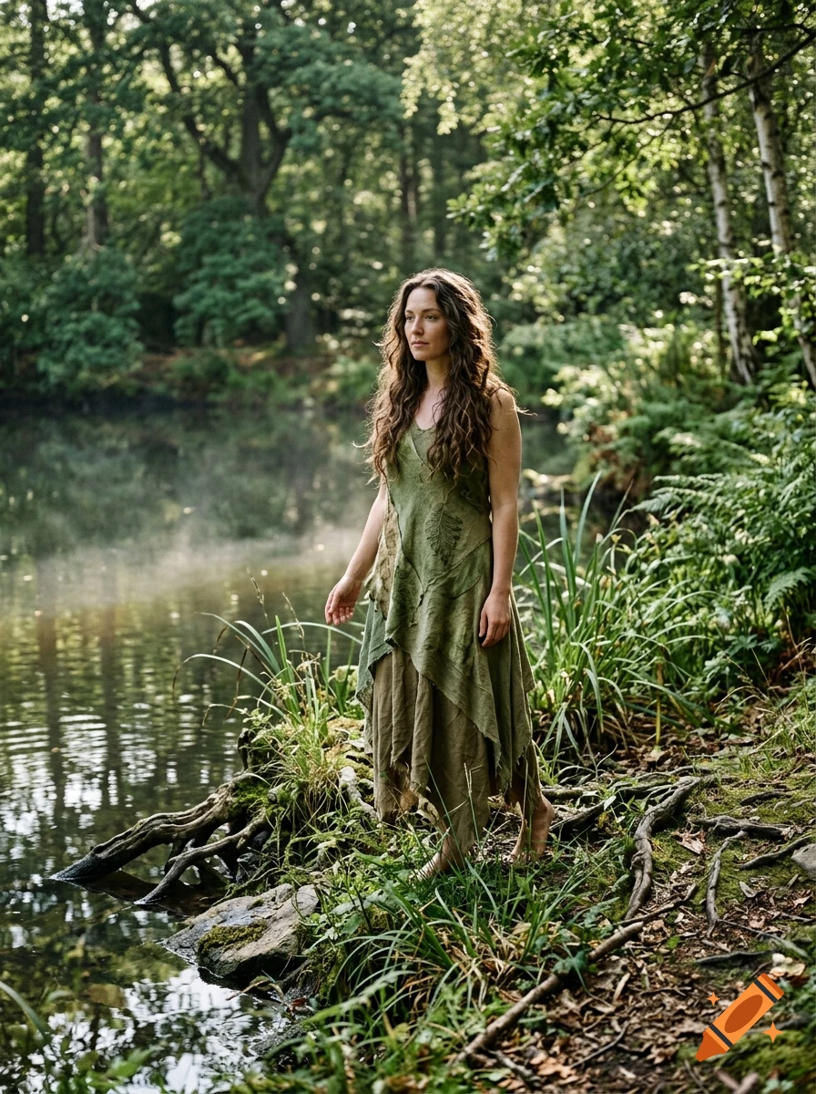 Photorealistic portrait of a woman in a green leaf dress standing by a misty pond in a forest.