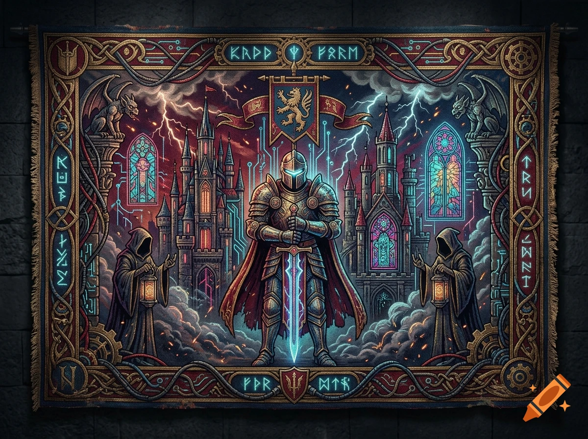 Tapestry depicting a medieval cyberpunk knight with a glowing sword standing before a castle with gargoyles and lightning.