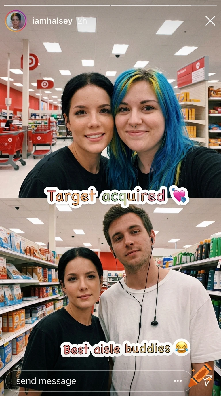 Two vertical panels showing selfies of people inside a retail store aisle.