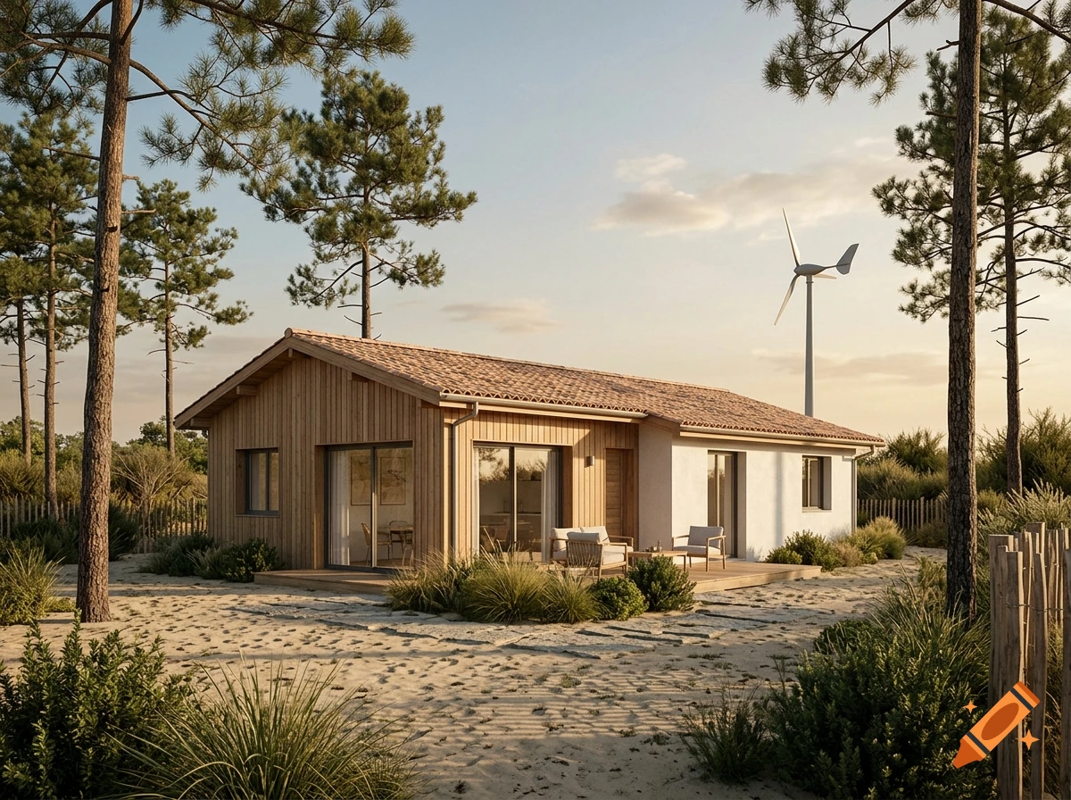 Photorealistic modern single-story wooden house with a wind turbine in a sandy landscape with pine trees.