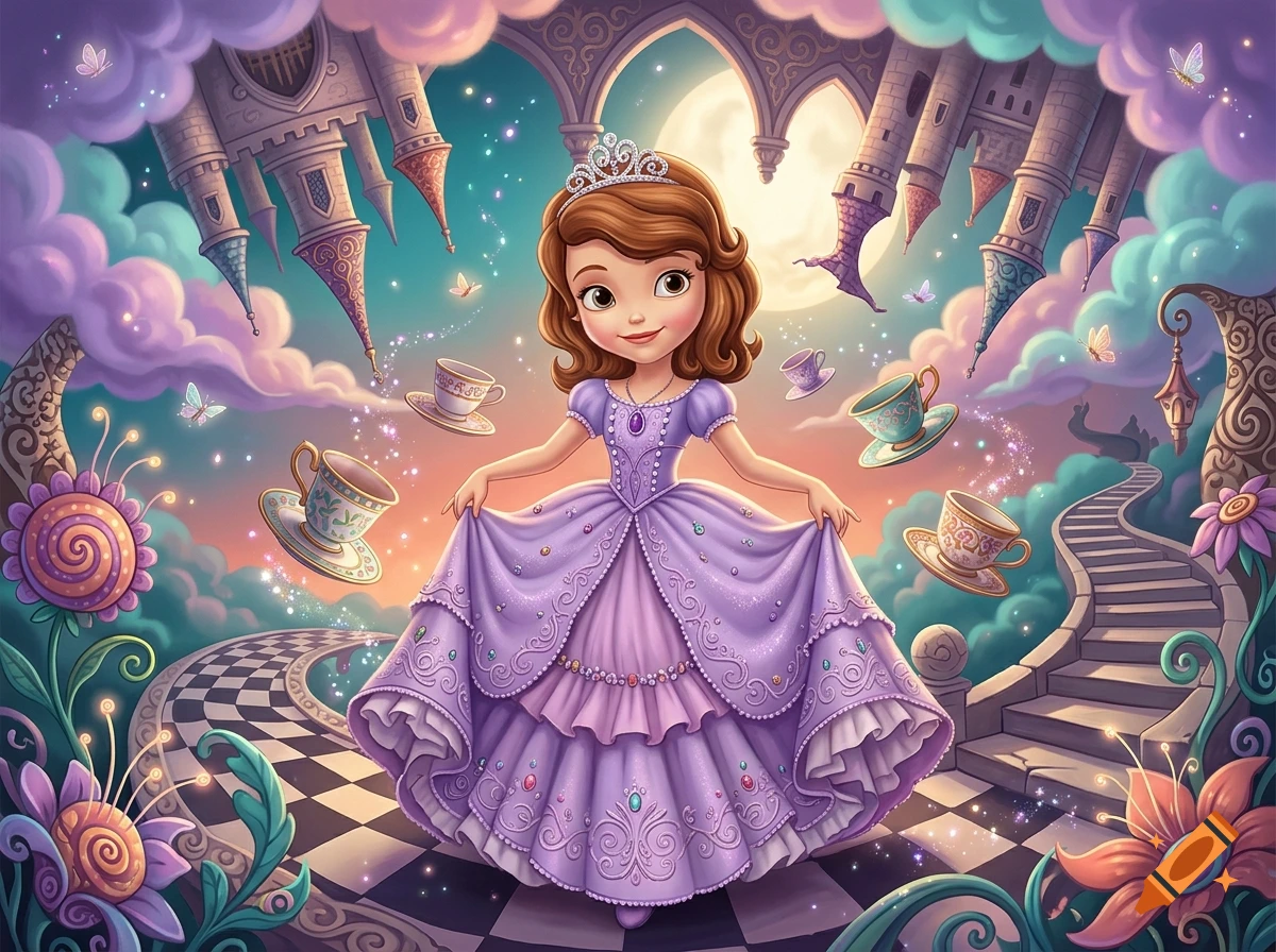 Digital illustration of a young princess in a purple dress standing amidst floating teacups, castles, and flowers in a whimsical dreamscape.