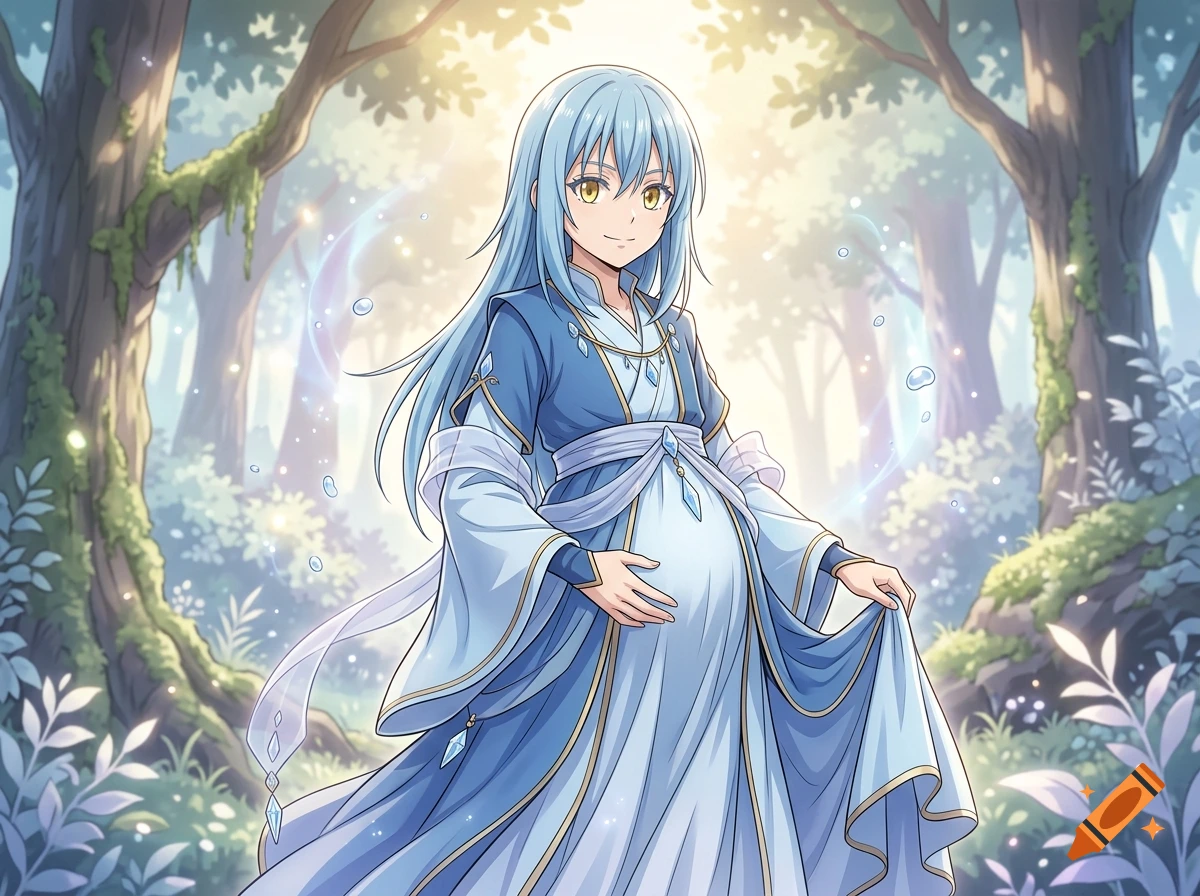 Anime style digital illustration of Rimuru Tempest with blue hair and eyes, wearing blue and white traditional clothing in a forest setting.