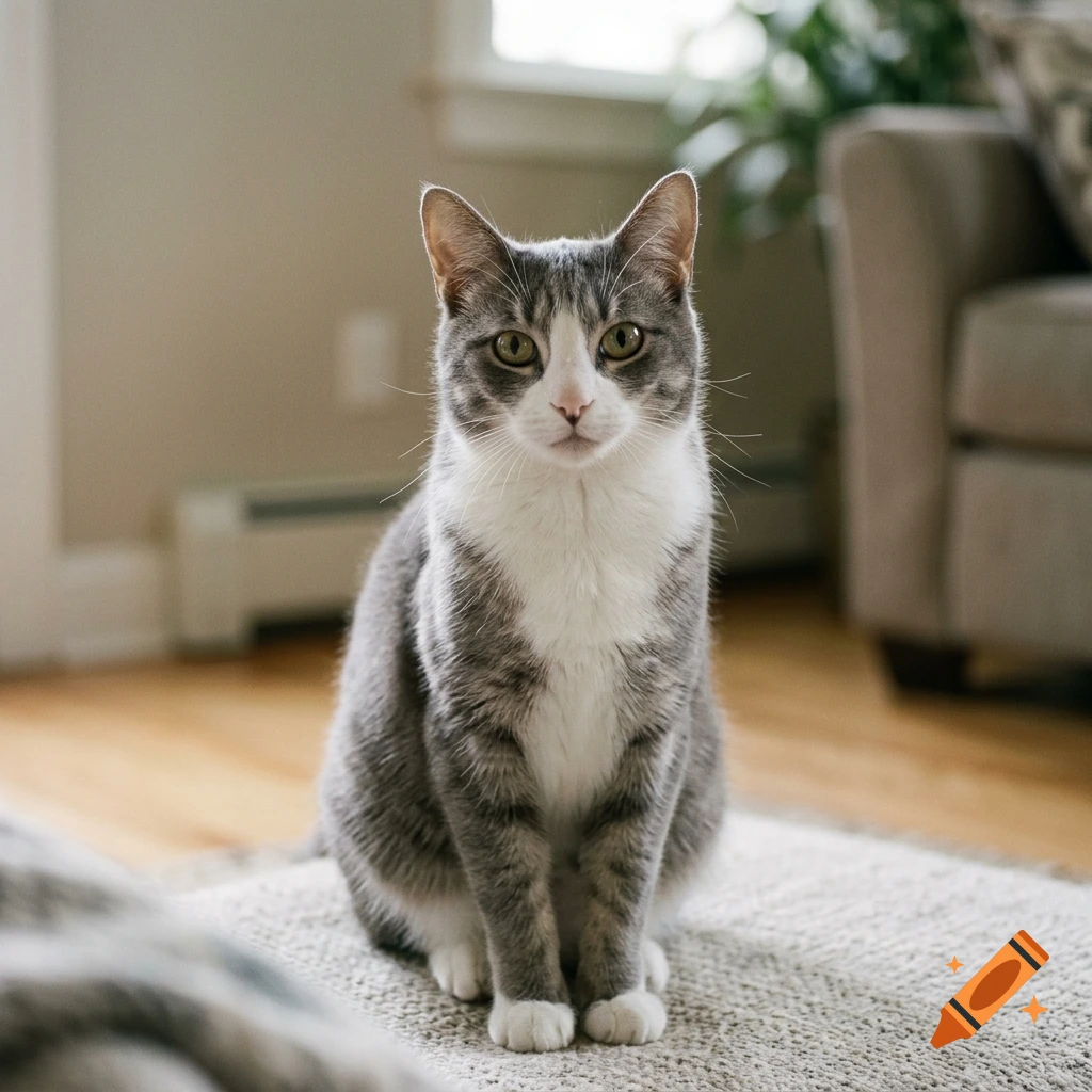 Photorealistic close-up of a grey and white tabby cat sitting on a rug indoors.