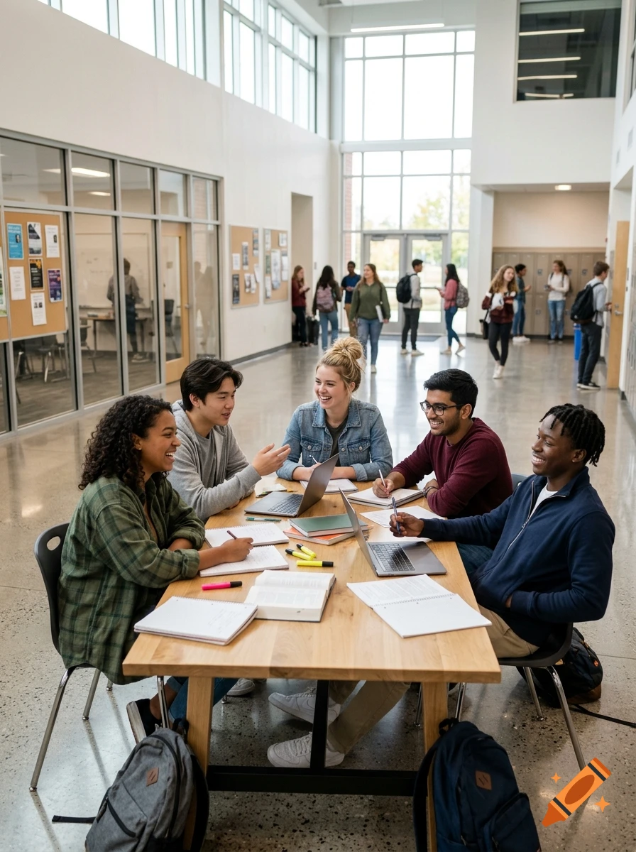 Photorealistic image of five diverse students studying and smiling around a wooden table with laptops in a school hallway.