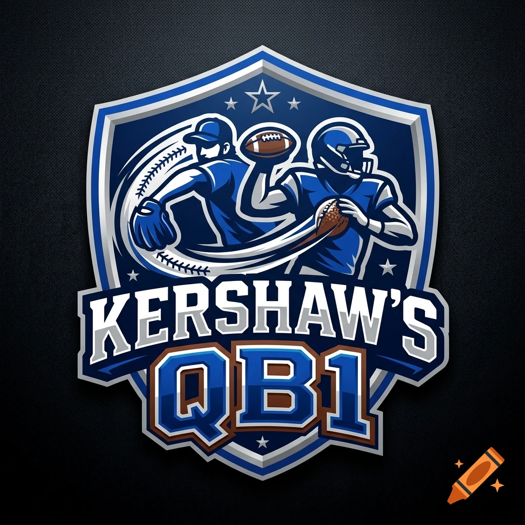 Fantasy football team logo featuring two players and the text Kershaw's QB1 in a shield design