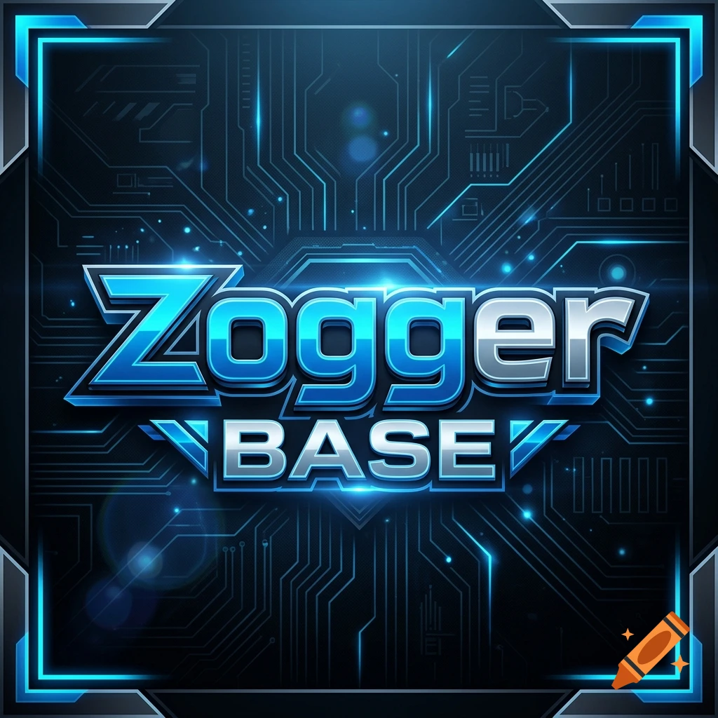 Blue metallic text reading "Zogger BASE" set against a dark circuit board background with glowing blue lines and a futuristic frame.