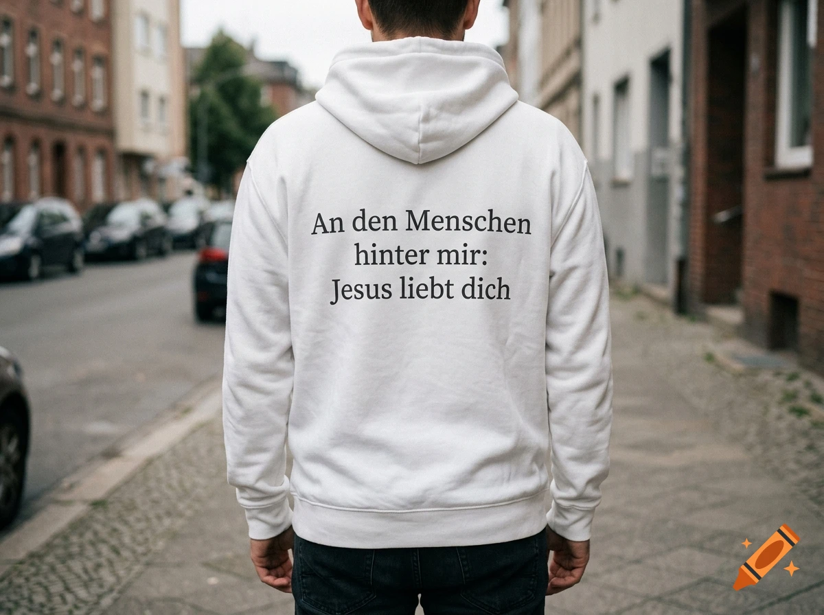 A person standing on a city street from behind, wearing a white hoodie with German text printed on the back.