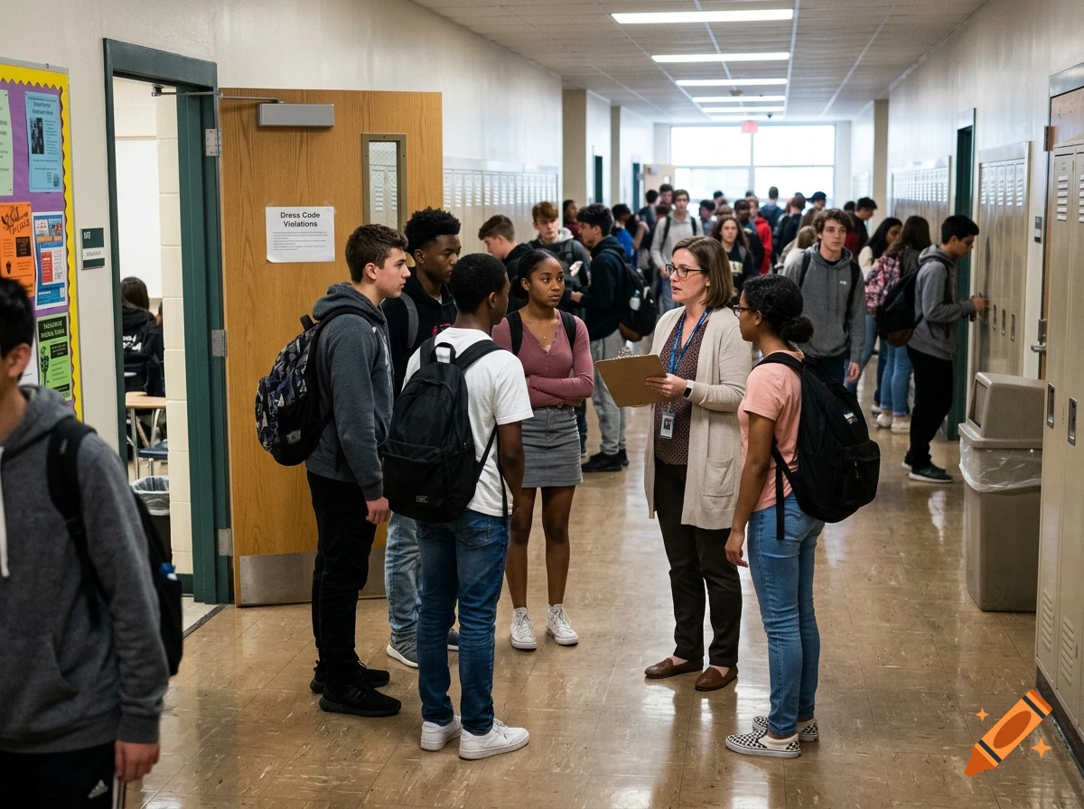 Photorealistic image of a school administrator talking to students in a crowded hallway.