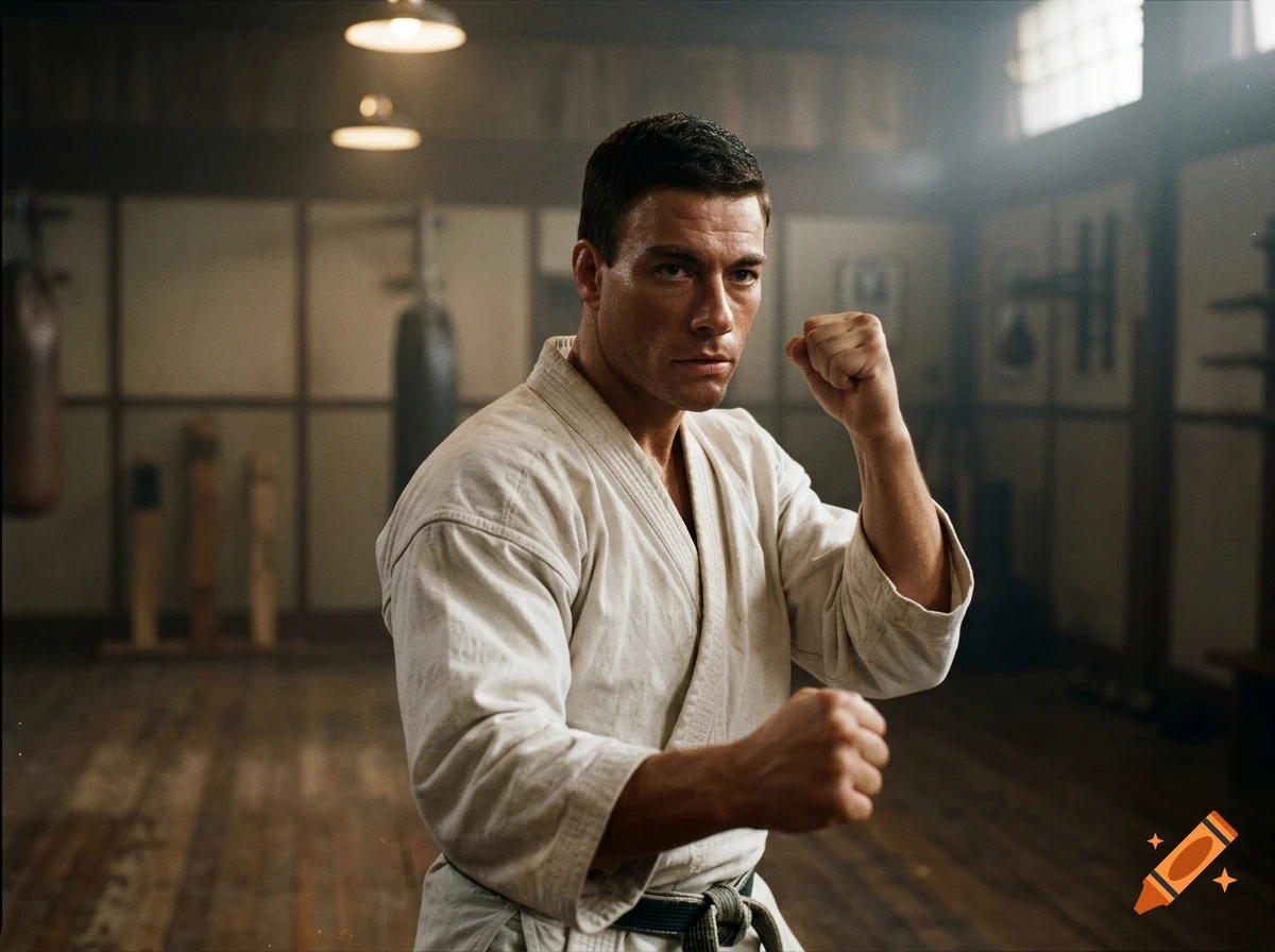 Cinematic 1990s photo of a young Jean-Claude Van Damme in a white karate kimono striking a fighting pose inside a dojo.
