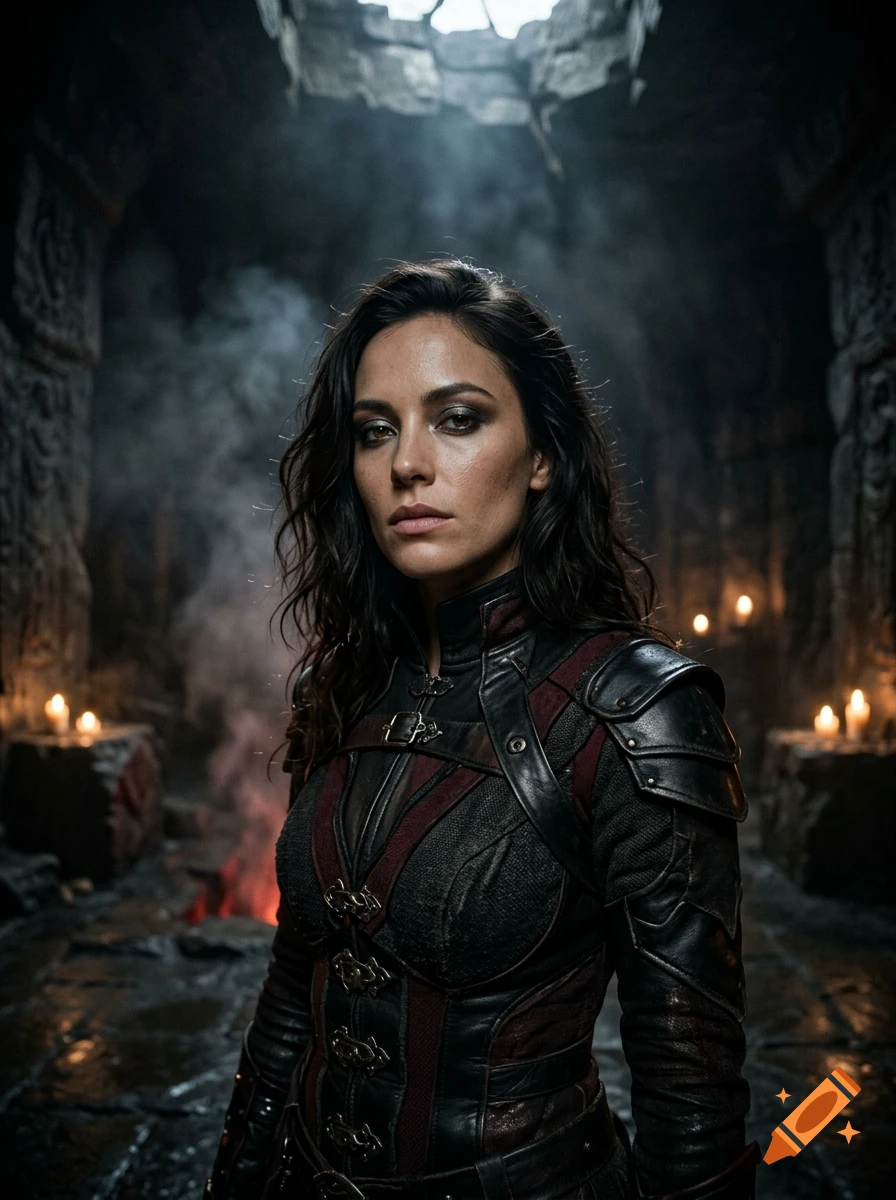 Semi-realistic portrait of a mysterious woman in a dark leather outfit inside an ancient stone chamber.
